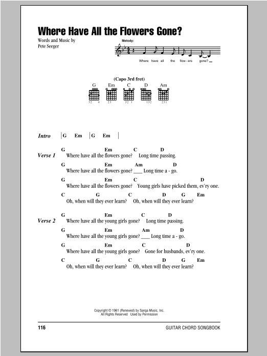 Peter, Paul & Mary Where Have All The Flowers Gone? sheet music notes and chords arranged for Guitar Chords/Lyrics