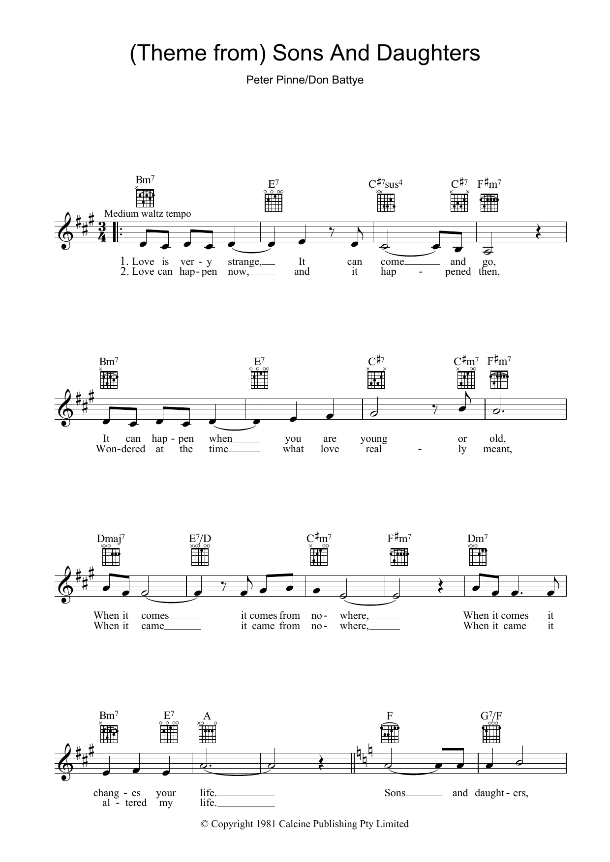 Peter Pinne Theme From Sons And Daughters sheet music notes and chords arranged for Lead Sheet / Fake Book