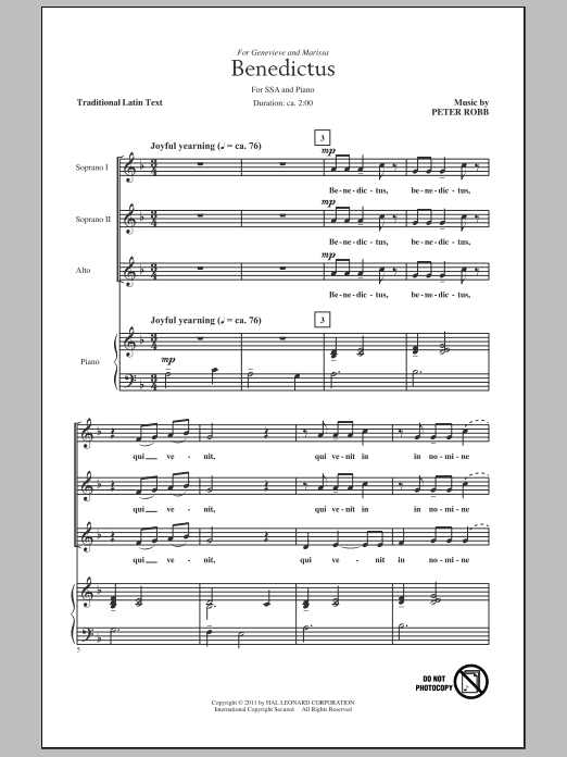 Peter Robb Agnus Dei And Benedictus sheet music notes and chords arranged for SSA Choir