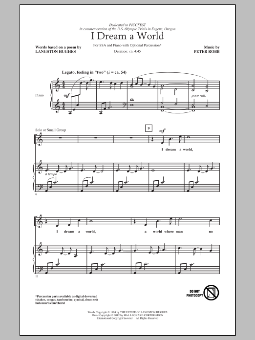 Peter Robb I Dream A World sheet music notes and chords arranged for SSA Choir