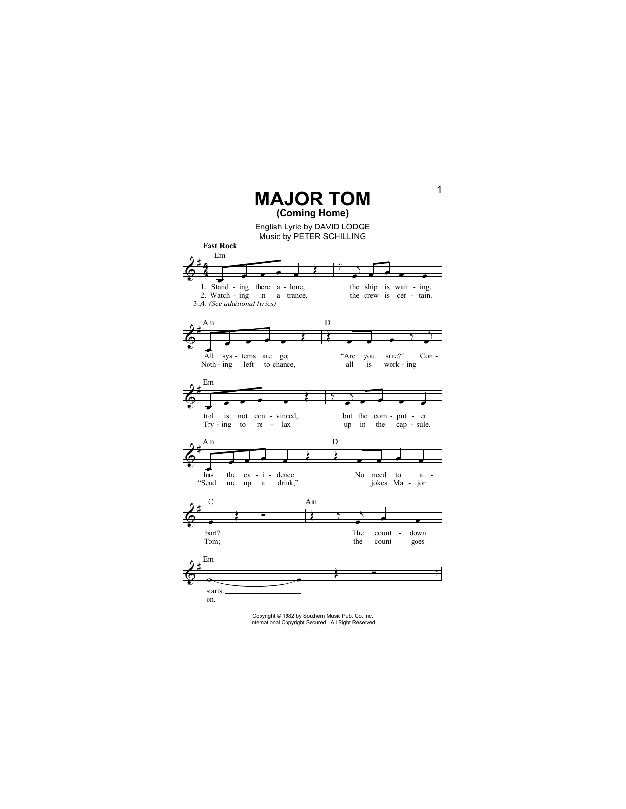 Peter Schilling Major Tom (Coming Home) sheet music notes and chords arranged for Piano, Vocal & Guitar Chords (Right-Hand Melody)