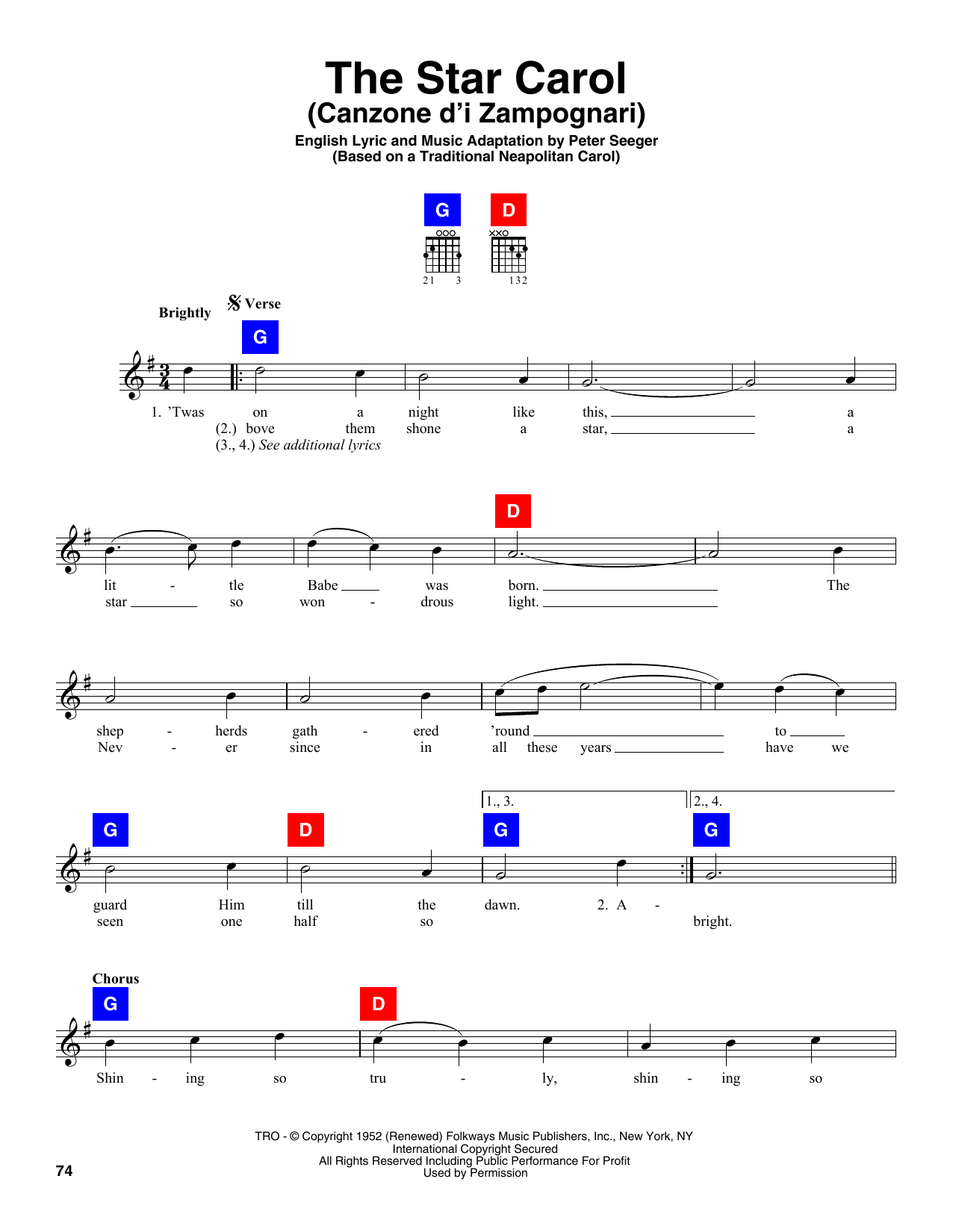 Peter Seeger The Star Carol (Canzone D'i Zampognari) sheet music notes and chords arranged for Easy Guitar