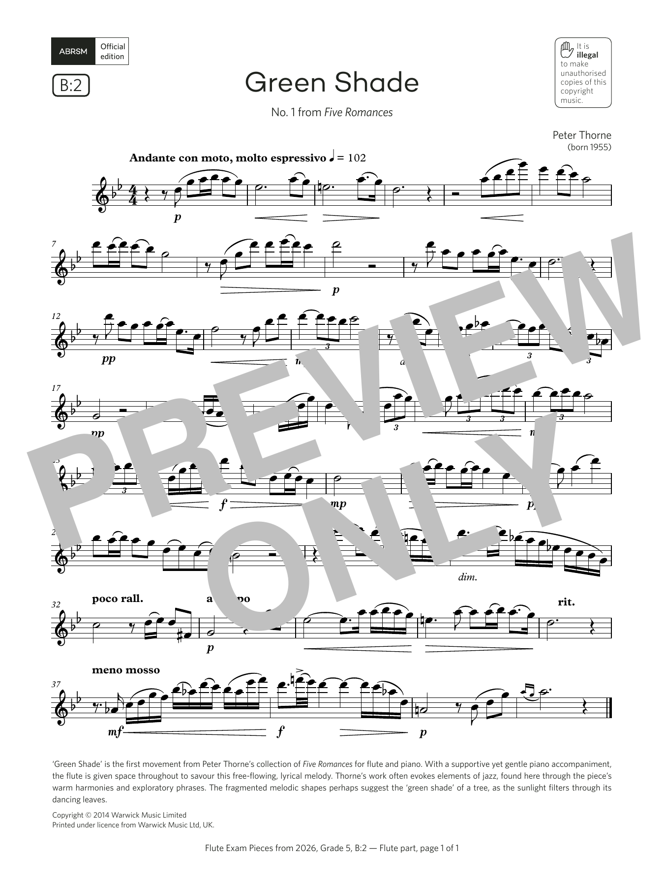 Peter Thorne Green Shade (Grade 5, list B2, from the ABRSM Flute Syllabus from 2026) sheet music notes and chords arranged for Flute Solo