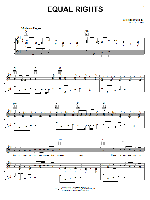 Peter Tosh Equal Rights sheet music notes and chords arranged for Piano, Vocal & Guitar Chords (Right-Hand Melody)