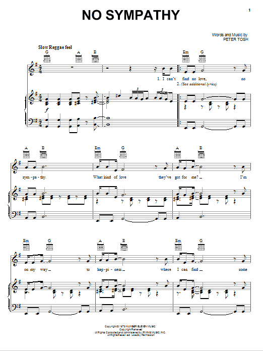 Peter Tosh No Sympathy sheet music notes and chords arranged for Piano, Vocal & Guitar Chords (Right-Hand Melody)