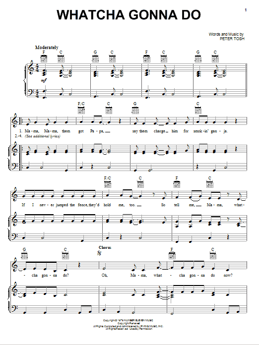 Peter Tosh Whatcha Gonna Do sheet music notes and chords arranged for Piano, Vocal & Guitar Chords (Right-Hand Melody)