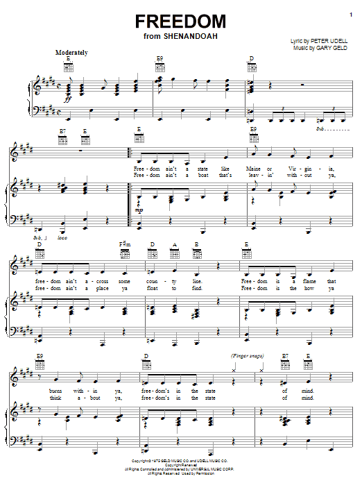 Peter Udell Freedom sheet music notes and chords arranged for Piano, Vocal & Guitar Chords (Right-Hand Melody)