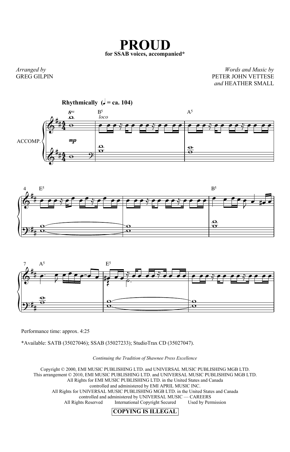 Peter Vettese and Heather Small Proud (arr. Greg Gilpin) sheet music notes and chords arranged for SSAB Choir