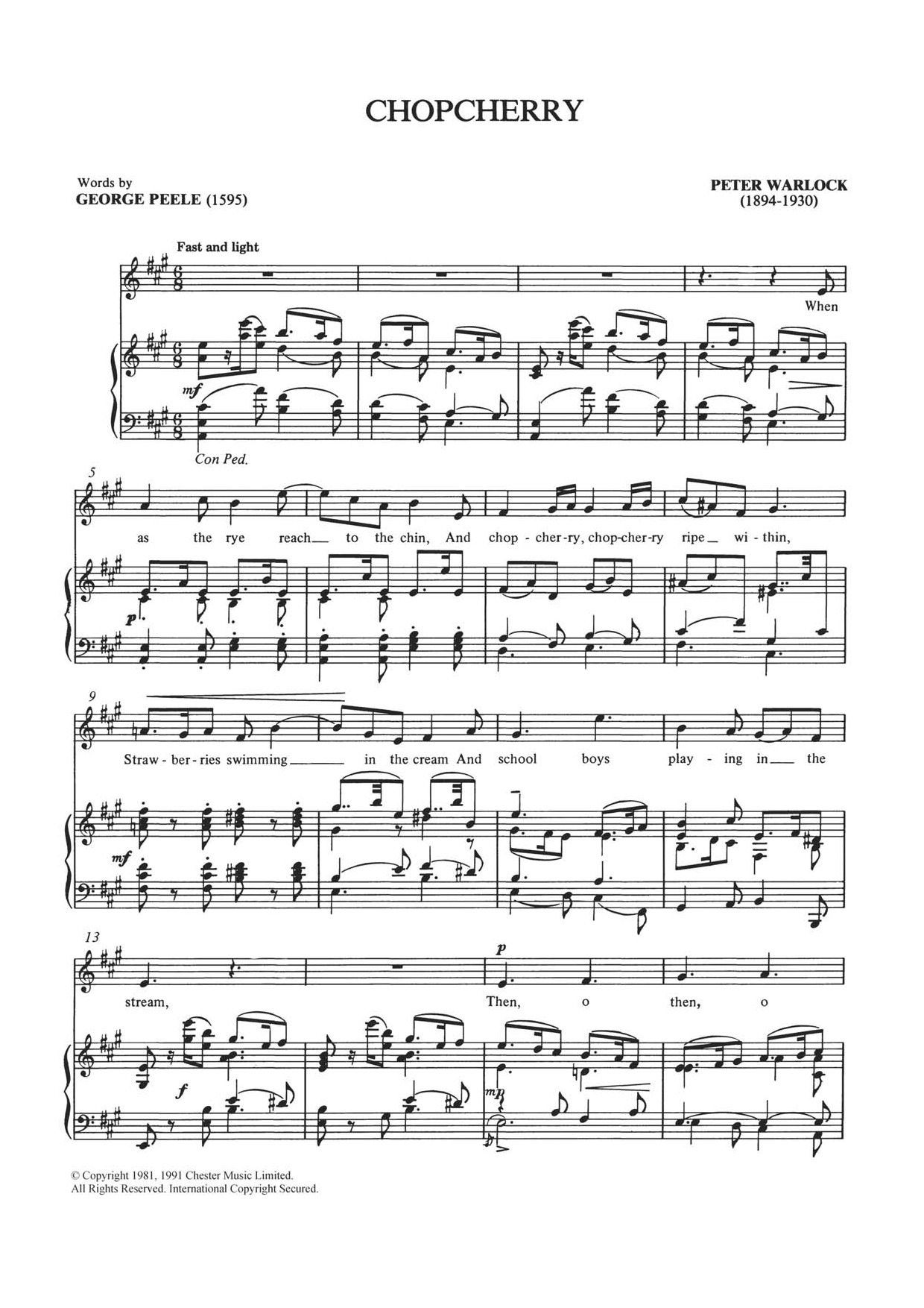 Peter Warlock Chopcherry sheet music notes and chords arranged for Piano & Vocal
