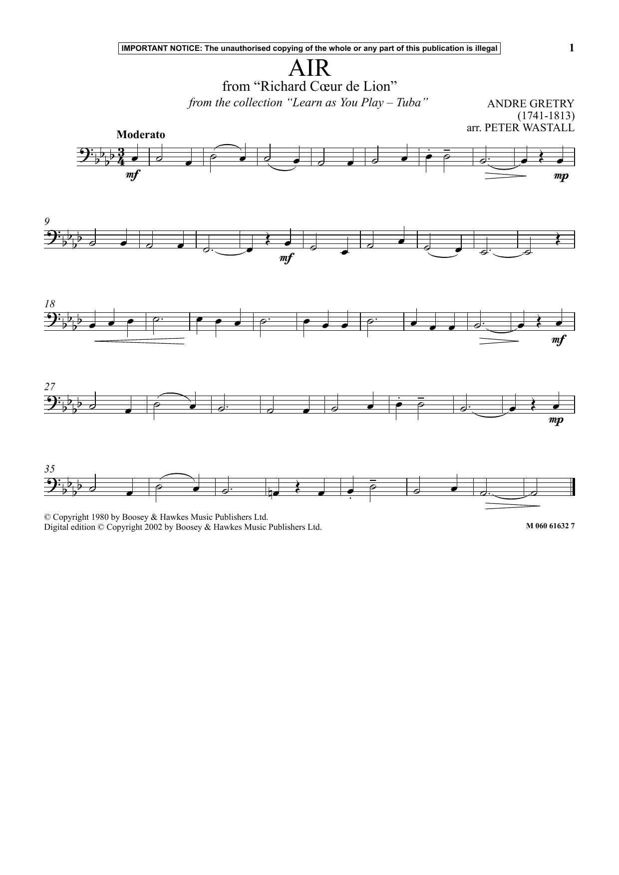 Peter Wastall Air From Richard Coeur De Lion (from Learn As You Play Tuba) sheet music notes and chords arranged for Instrumental Solo