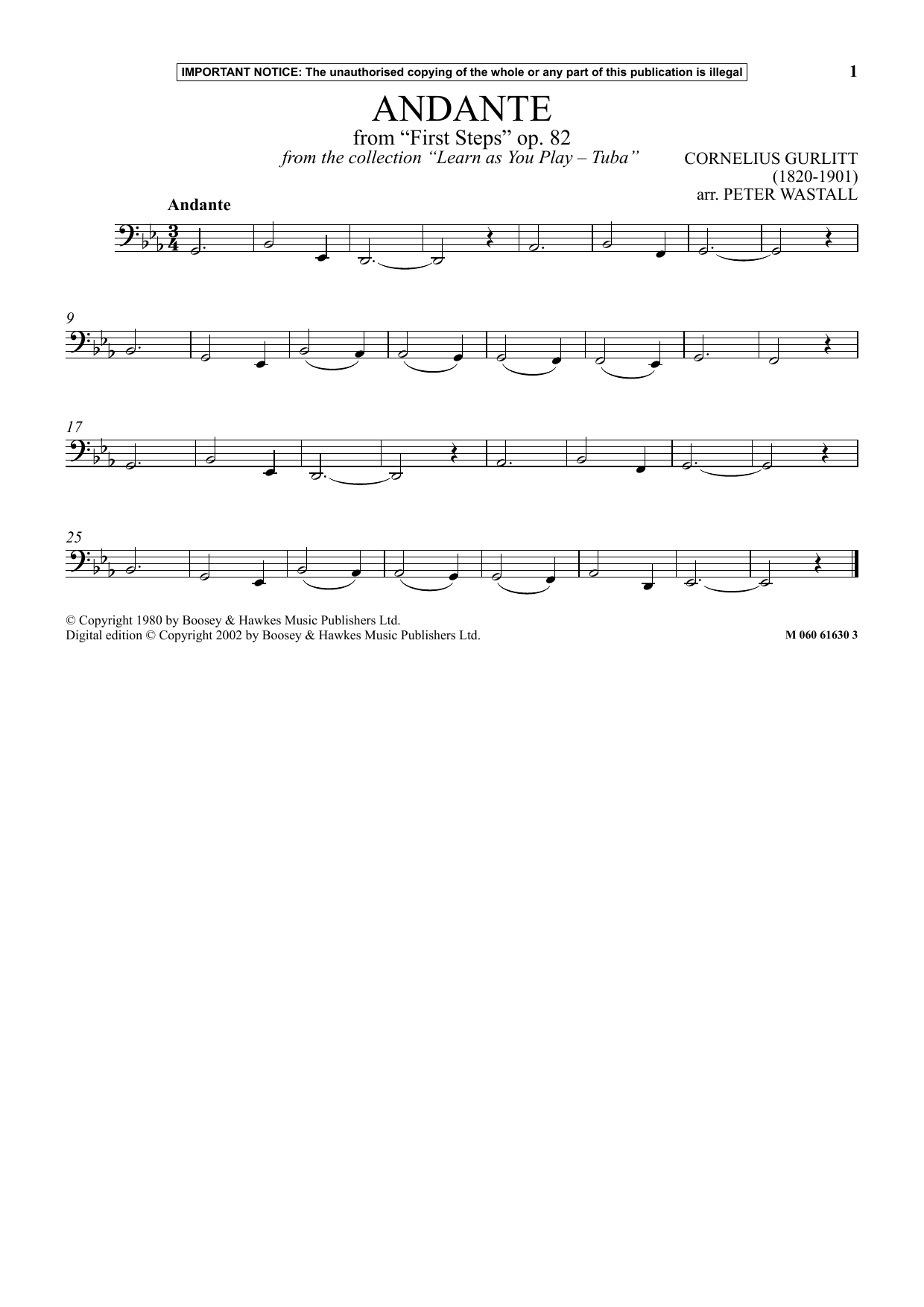Peter Wastall Andante From First Steps, Op. 82 (from Learn As You Play Tuba ) sheet music notes and chords arranged for Instrumental Solo