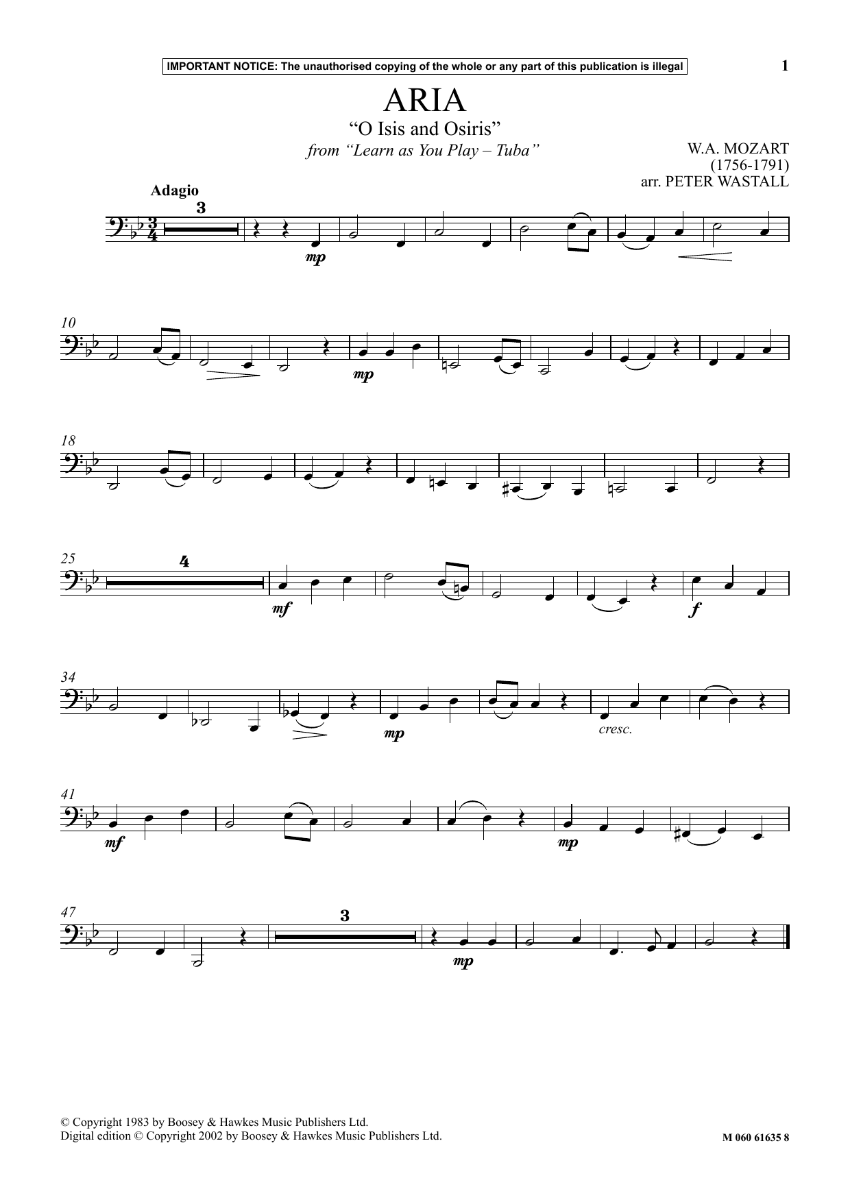 Peter Wastall Aria O Isis And Osiris (from Learn As You Play Tuba ) sheet music notes and chords arranged for Instrumental Solo