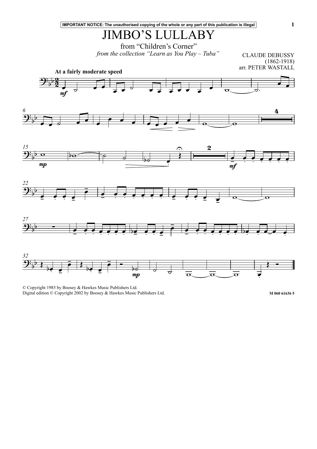 Peter Wastall Jimbo's Lullaby From Children's Corner (from Learn As You Play Tuba) sheet music notes and chords arranged for Instrumental Solo