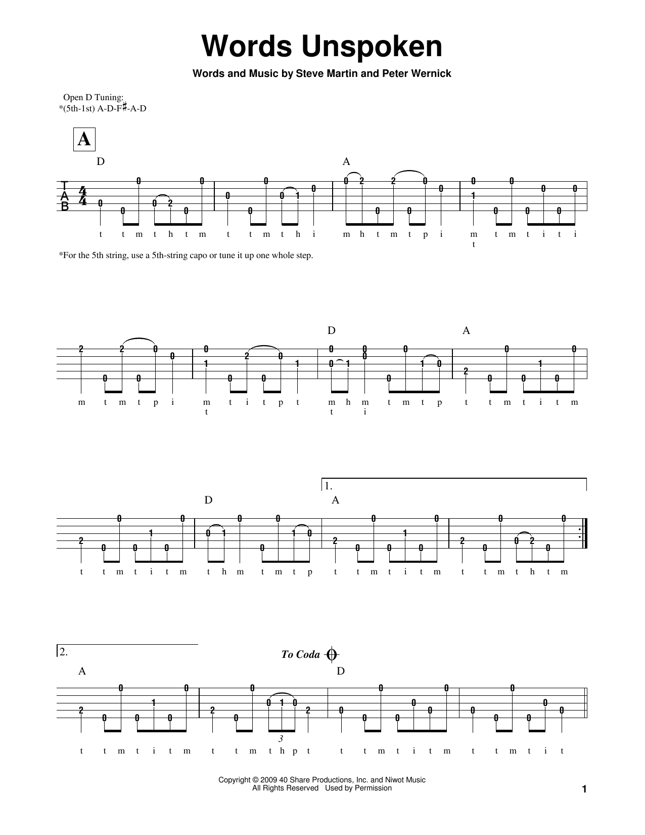 Peter Wernick Words Unspoken sheet music notes and chords arranged for Banjo Tab