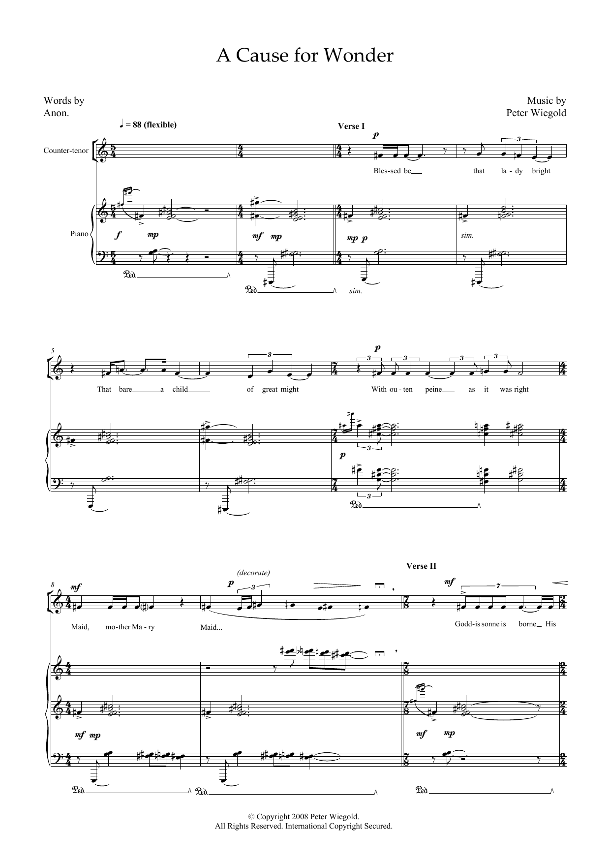 Peter Wiegold A Cause for Wonder (for counter-tenor and piano) sheet music notes and chords arranged for Piano & Vocal
