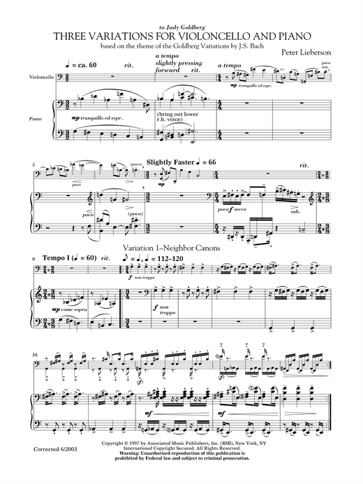 Peter Lieberson Three Variations For Violoncello And Piano sheet music notes and chords arranged for Chamber Group