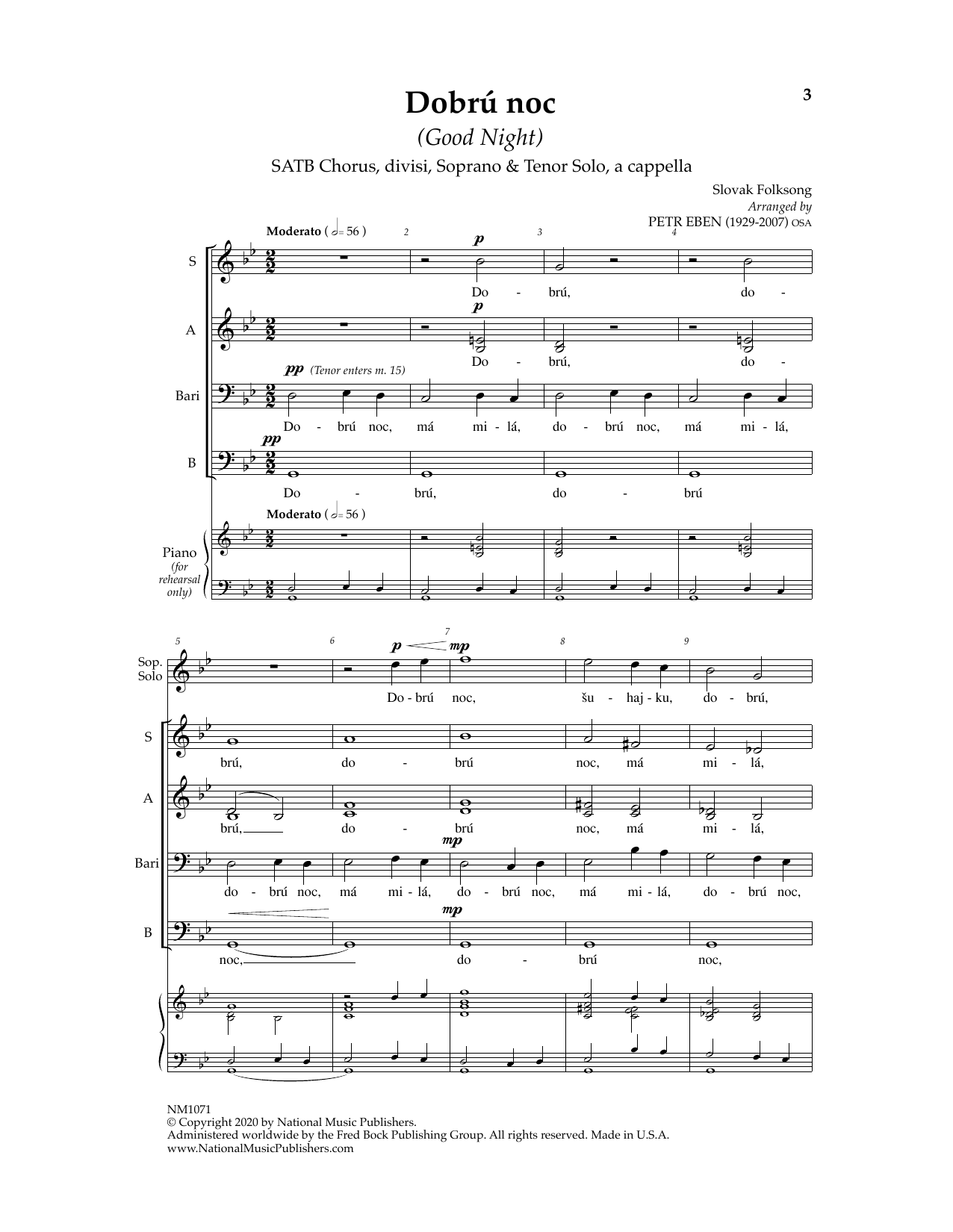 Petr Eben Dobru Noc (Good Night) sheet music notes and chords arranged for SATB Choir