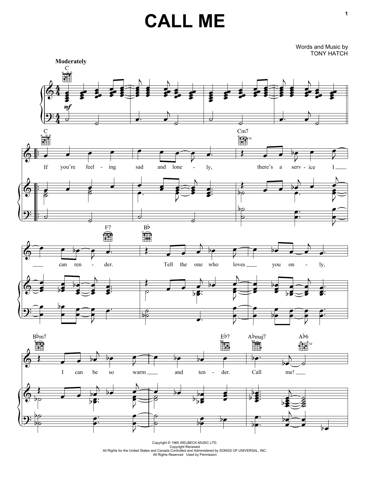 Petula Clark Call Me sheet music notes and chords arranged for Solo Guitar