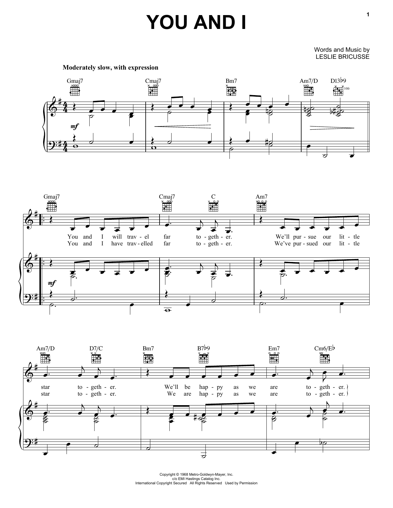 Petula Clark You And I sheet music notes and chords arranged for Piano, Vocal & Guitar Chords (Right-Hand Melody)