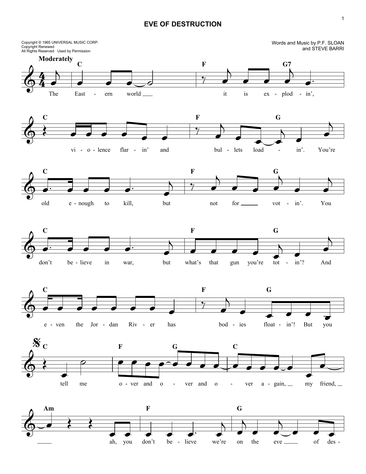 P.F. Sloan Eve Of Destruction sheet music notes and chords arranged for Lead Sheet / Fake Book