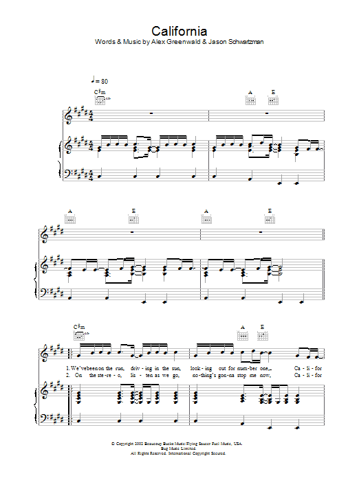 Phantom Planet California sheet music notes and chords arranged for Piano, Vocal & Guitar Chords