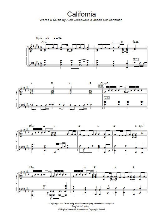 Phantom Planet California (theme from The OC) sheet music notes and chords arranged for Piano, Vocal & Guitar Chords