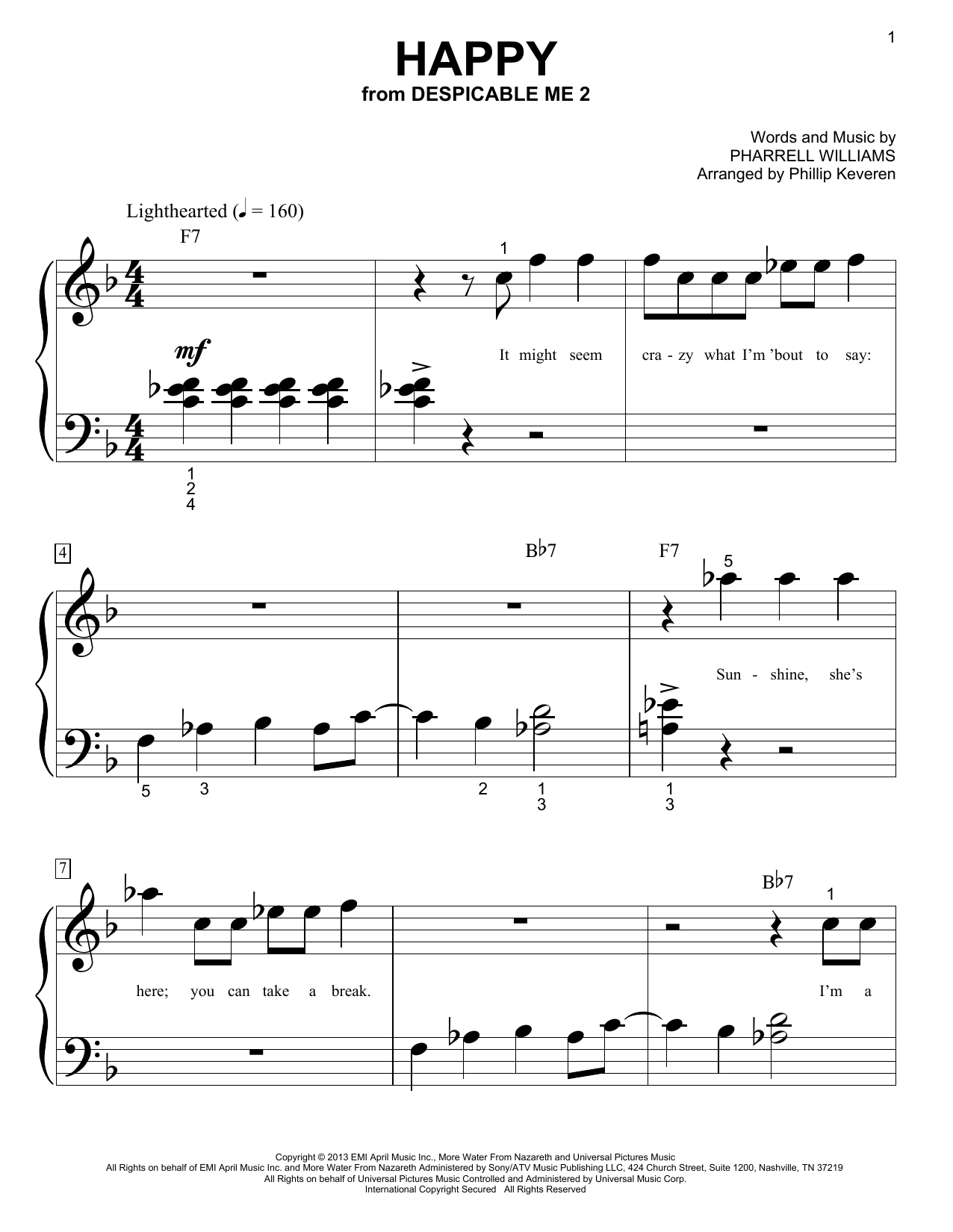 Pharrell Happy (arr. Phillip Keveren) sheet music notes and chords arranged for Big Note Piano