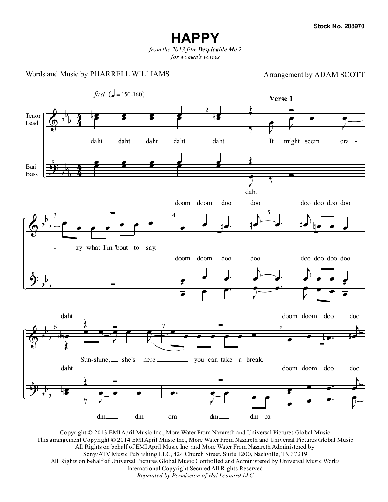 Pharrell Williams Happy (from Despicable Me 2) (arr. Adam Scott) sheet music notes and chords arranged for SSAA Choir