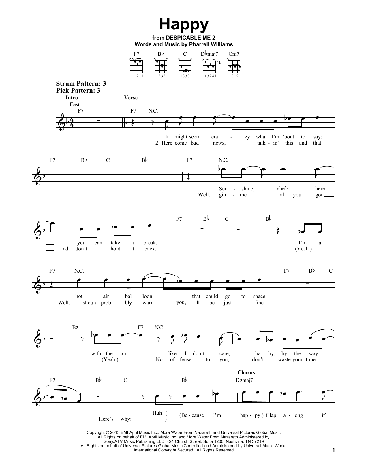 Pharrell Happy sheet music notes and chords arranged for Real Book – Melody, Lyrics & Chords