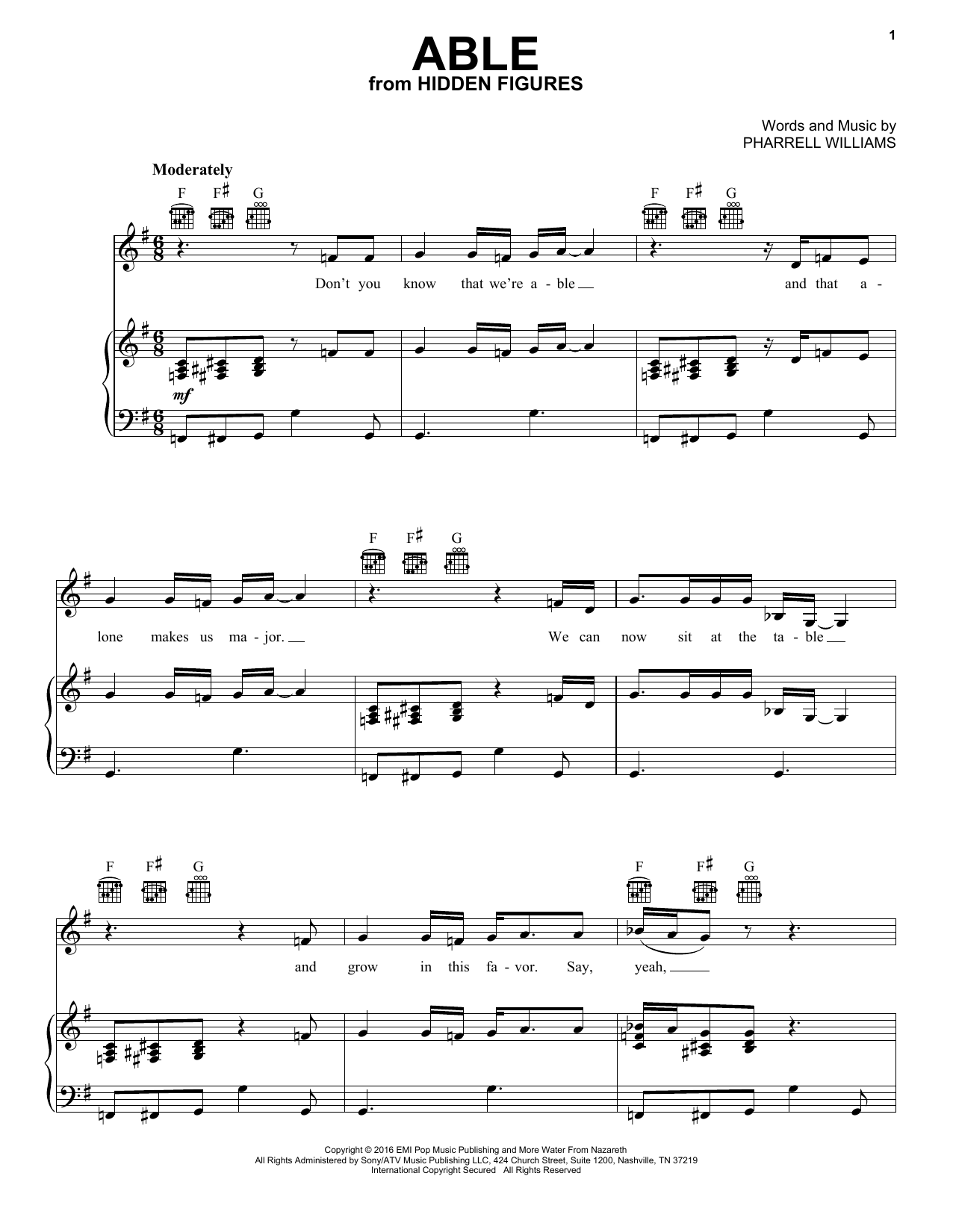 Pharrell Williams Able sheet music notes and chords arranged for Piano, Vocal & Guitar Chords (Right-Hand Melody)