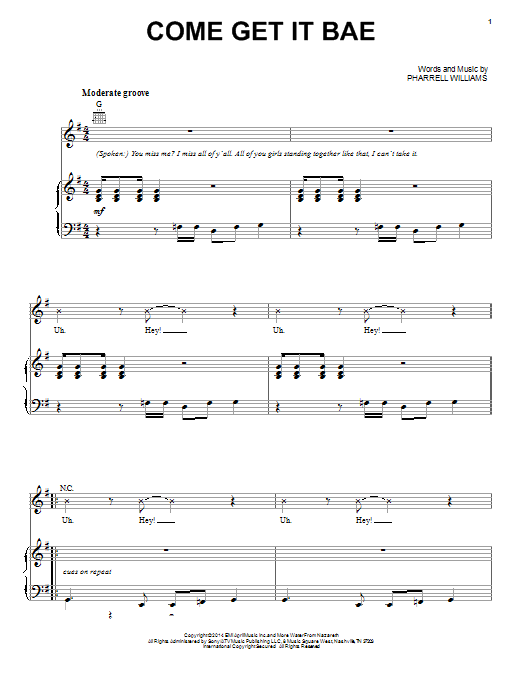 Pharrell Williams Come Get It Bae sheet music notes and chords arranged for Piano, Vocal & Guitar Chords (Right-Hand Melody)