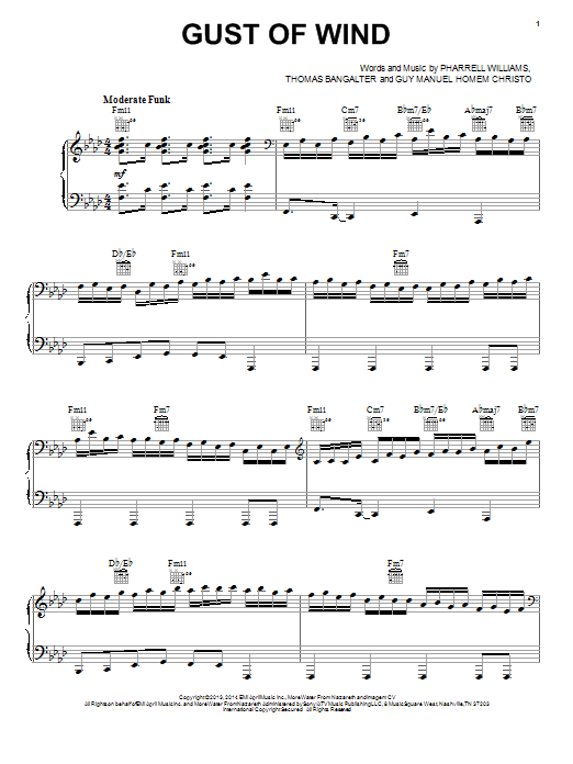Pharrell Williams Gust Of Wind sheet music notes and chords arranged for Piano, Vocal & Guitar Chords (Right-Hand Melody)