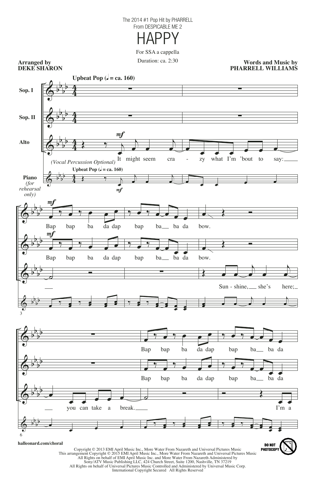 Pharrell Williams Happy (arr. Deke Sharon) sheet music notes and chords arranged for SSA Choir