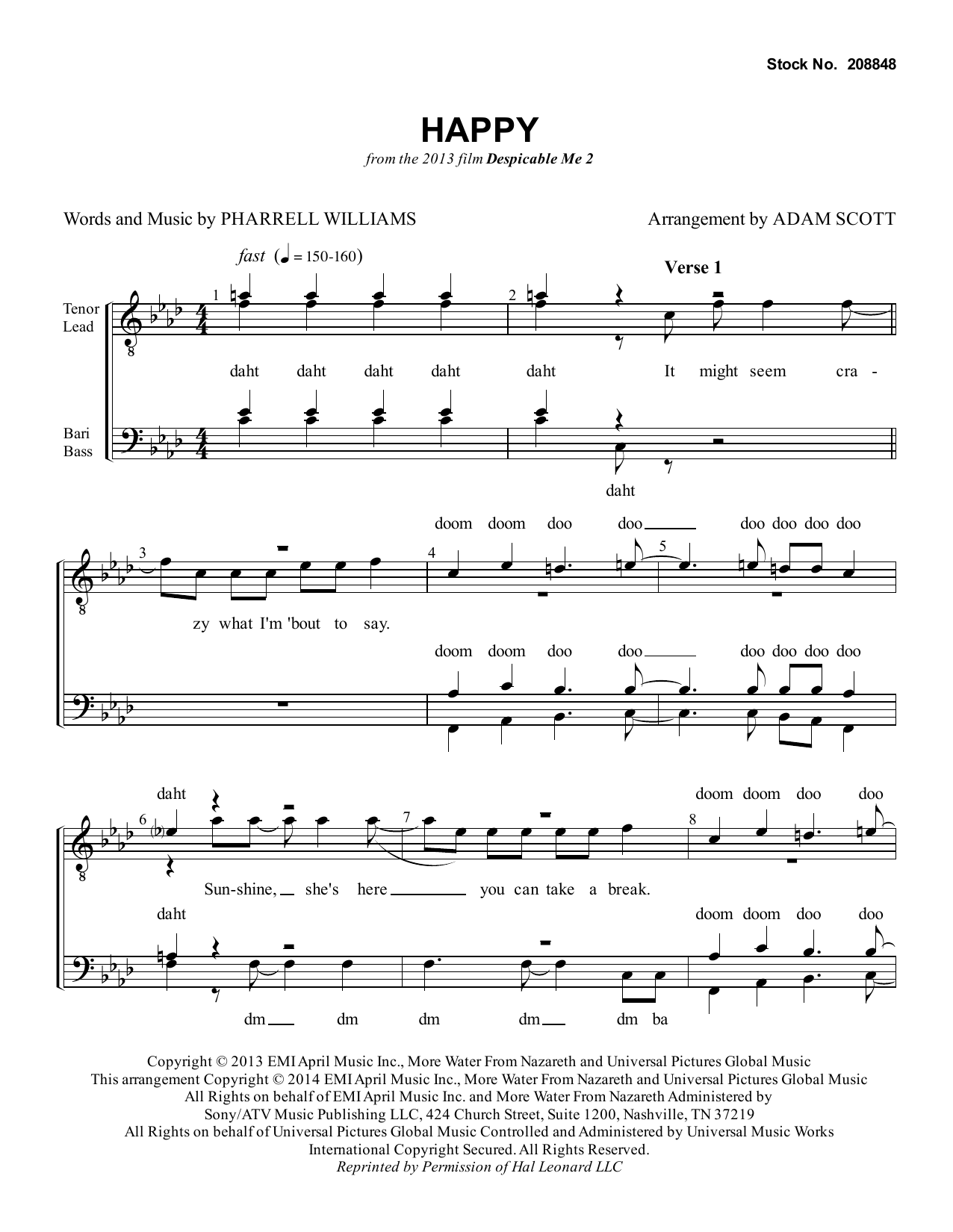 Pharrell Williams Happy (from Despicable Me 2) (arr. Adam Scott) sheet music notes and chords arranged for SATB Choir