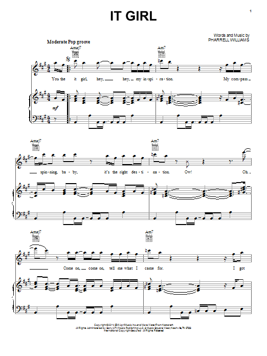 Pharrell Williams It Girl sheet music notes and chords arranged for Piano, Vocal & Guitar Chords (Right-Hand Melody)