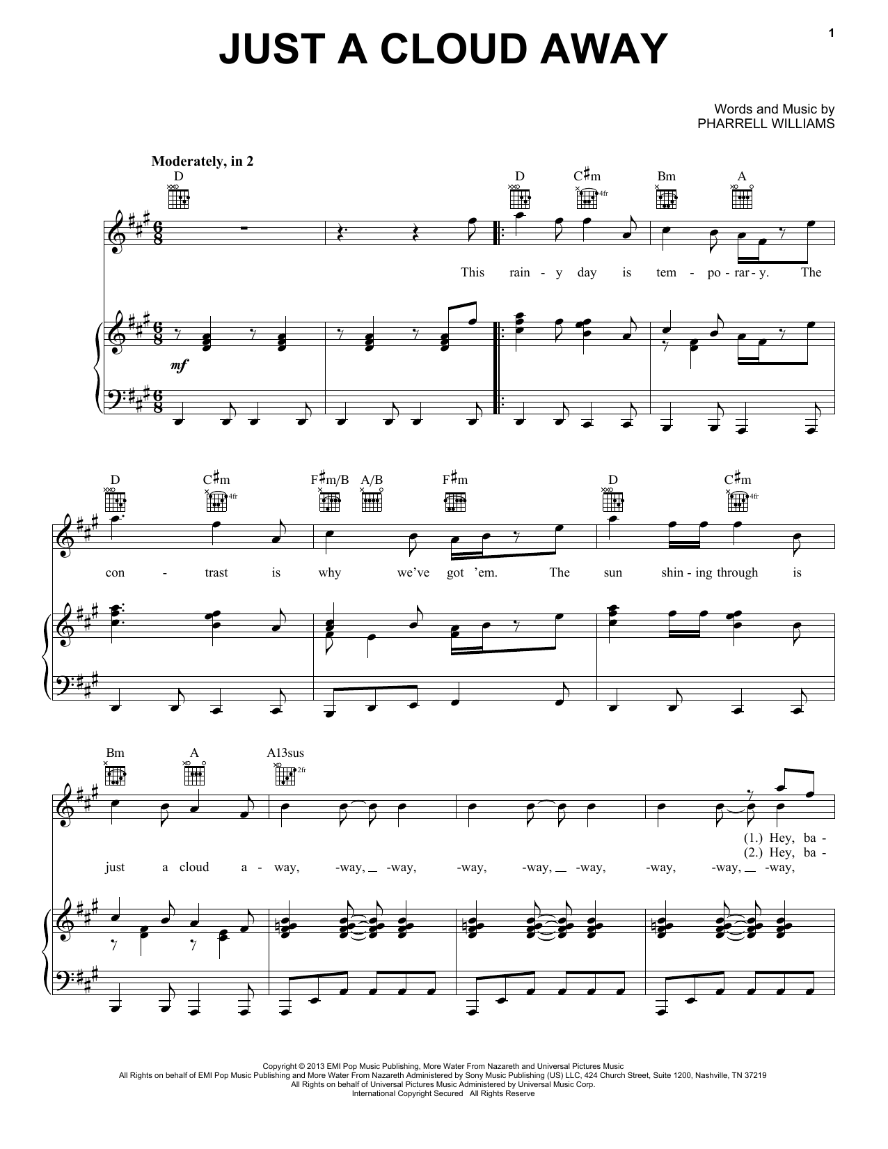 Pharrell Williams Just A Cloud Away (from Despicable Me 2) sheet music notes and chords arranged for Piano, Vocal & Guitar Chords (Right-Hand Melody)