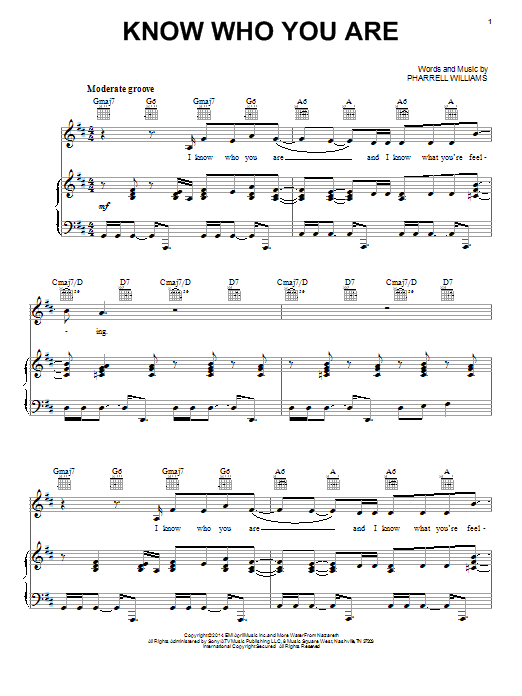 Pharrell Williams Know Who You Are sheet music notes and chords arranged for Piano, Vocal & Guitar Chords (Right-Hand Melody)