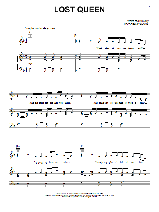 Pharrell Williams Lost Queen sheet music notes and chords arranged for Piano, Vocal & Guitar Chords (Right-Hand Melody)