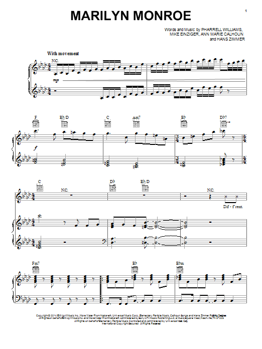 Pharrell Williams Marilyn Monroe sheet music notes and chords arranged for Piano, Vocal & Guitar Chords (Right-Hand Melody)