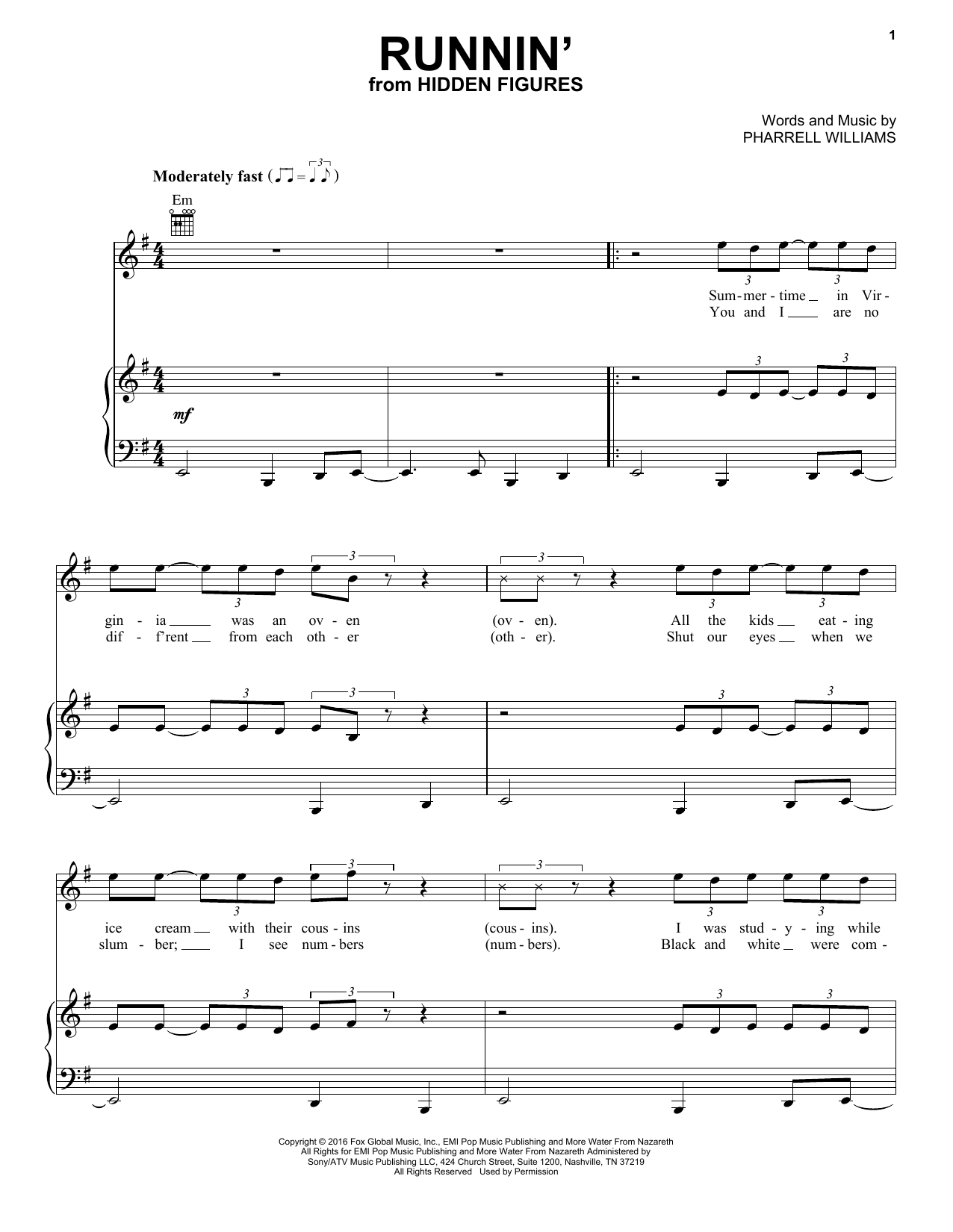 Pharrell Williams Runnin' sheet music notes and chords arranged for Easy Piano