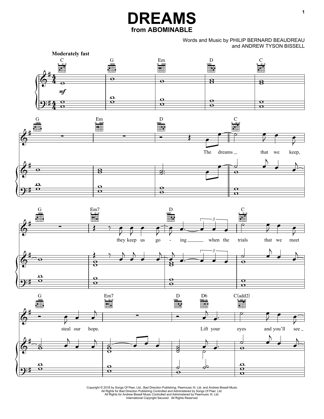 Phil Beaudreau Dreams (from the Motion Picture Abominable) sheet music notes and chords arranged for Piano, Vocal & Guitar Chords (Right-Hand Melody)