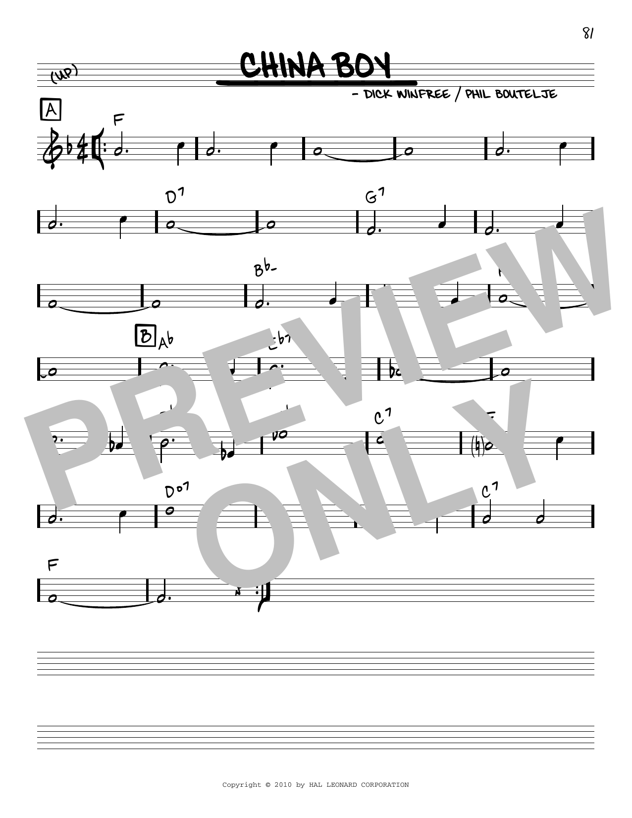 Phil Boutelje China Boy (arr. Robert Rawlins) sheet music notes and chords arranged for Real Book – Melody, Lyrics & Chords