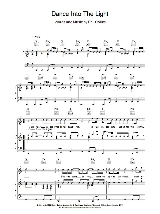 Phil Collins Dance Into The Light sheet music notes and chords arranged for Piano, Vocal & Guitar Chords