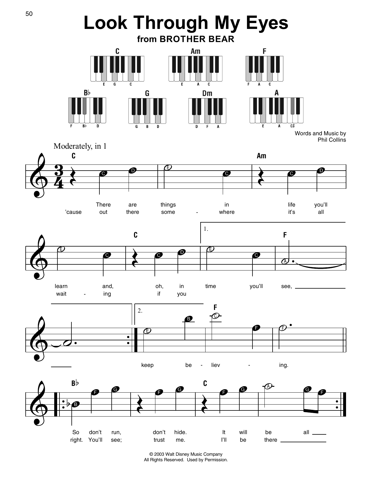 Phil Collins Look Through My Eyes (from Bridge To Terabithia) sheet music notes and chords arranged for Super Easy Piano