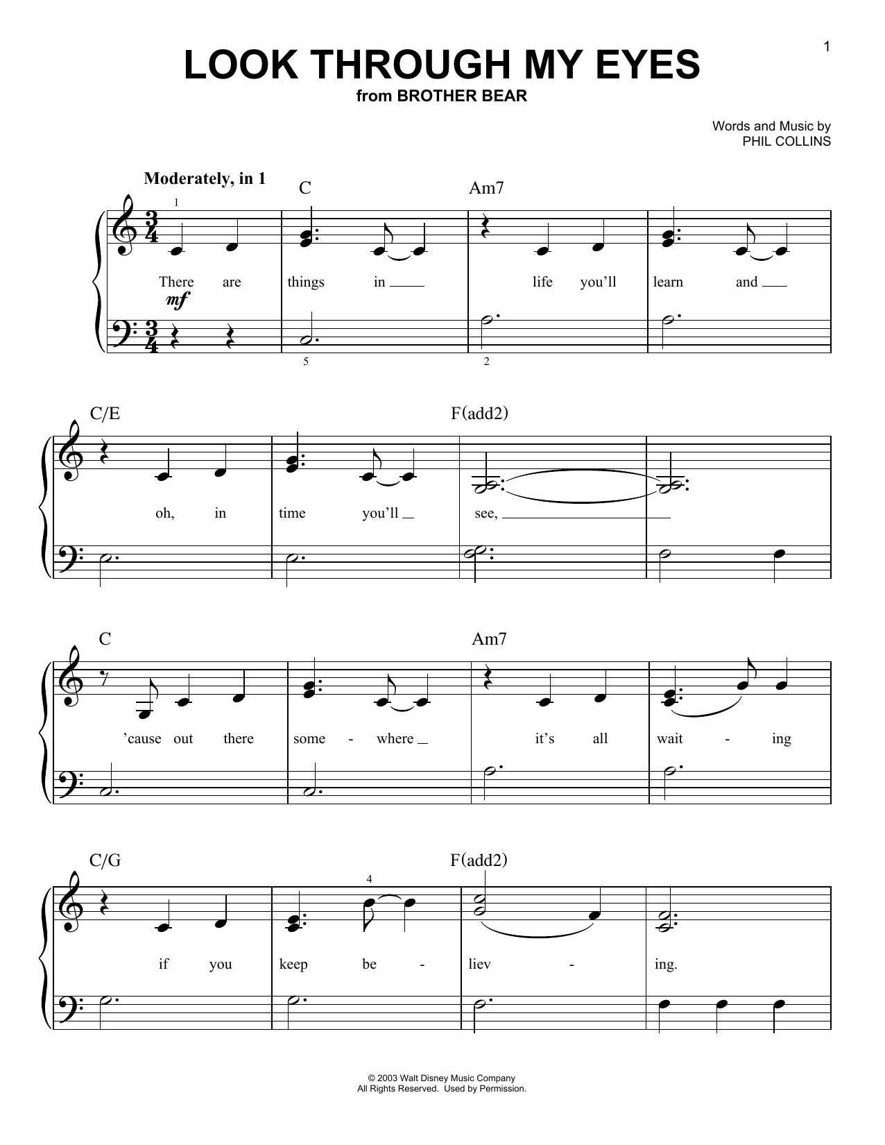Phil Collins Look Through My Eyes (from Disney's Brother Bear) sheet music notes and chords arranged for Very Easy Piano