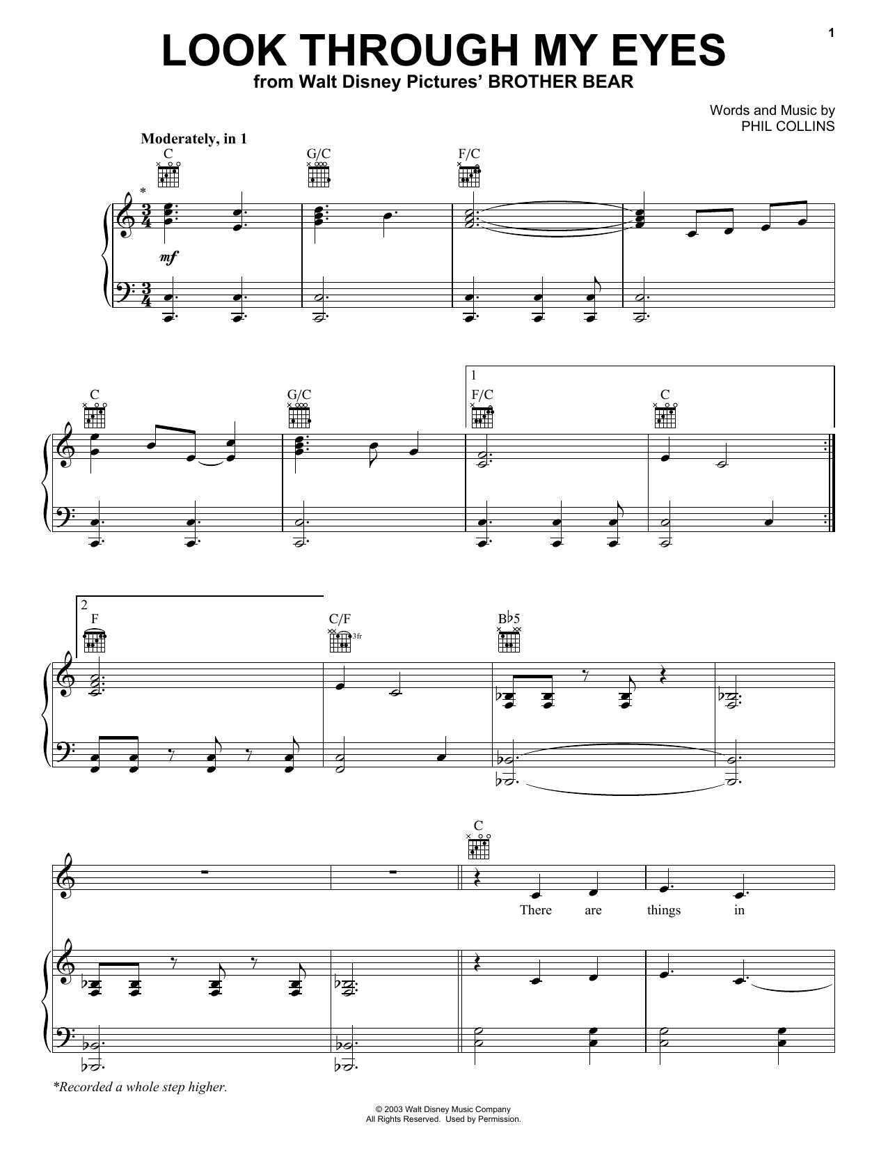 Phil Collins Look Through My Eyes sheet music notes and chords arranged for Guitar Chords/Lyrics