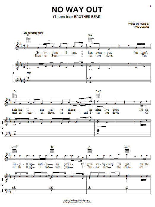 Phil Collins No Way Out (from Brother Bear) sheet music notes and chords arranged for Easy Piano