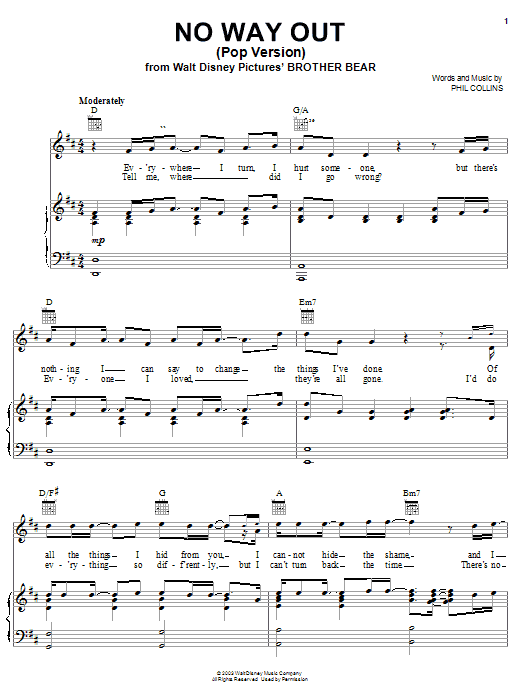 Phil Collins No Way Out (Pop Version) sheet music notes and chords arranged for Easy Piano