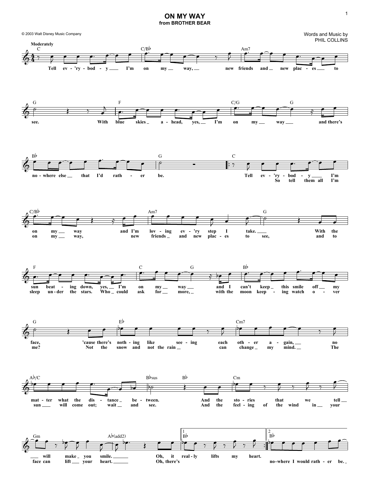 Phil Collins On My Way (from Brother Bear) sheet music notes and chords arranged for Lead Sheet / Fake Book