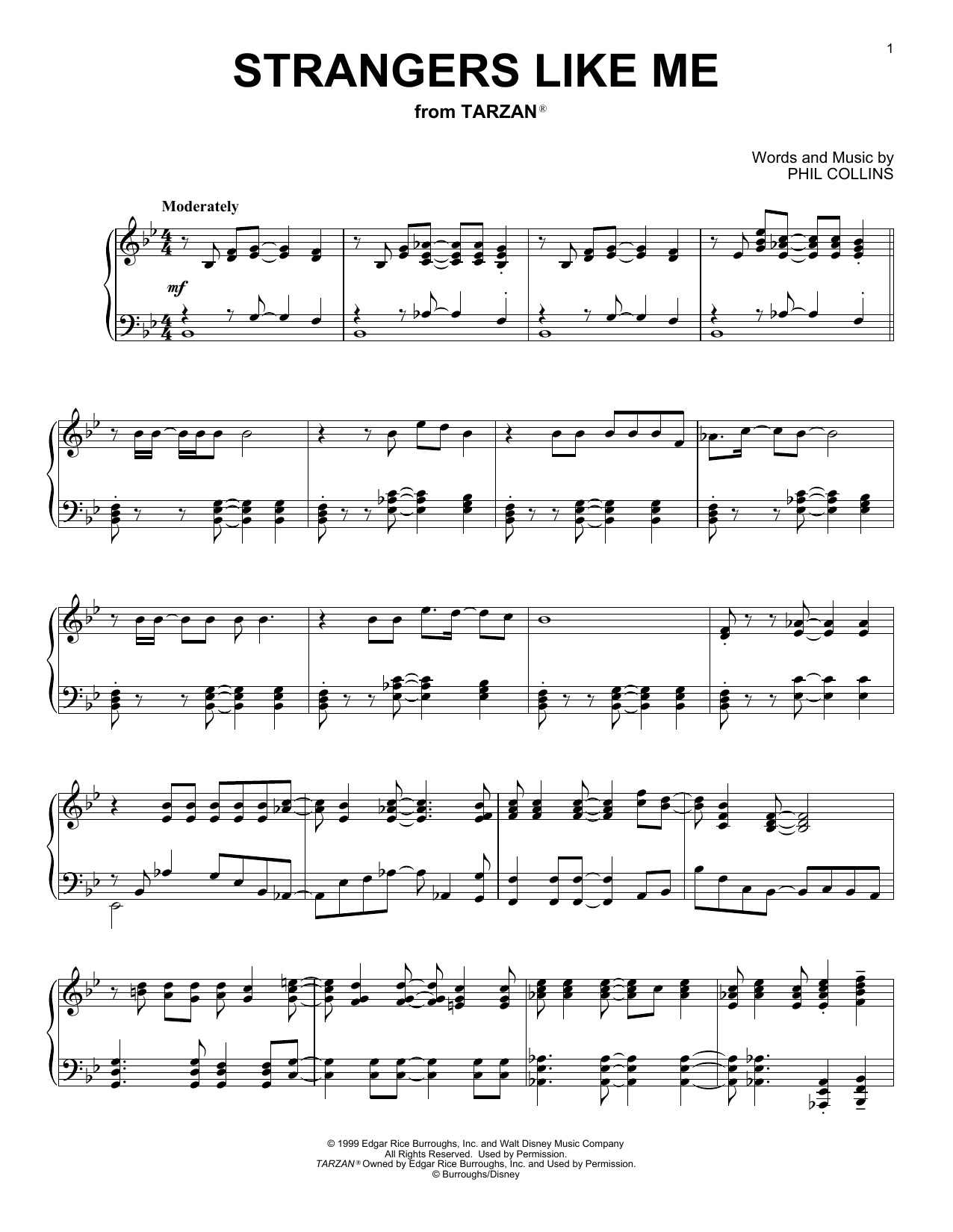 Phil Collins Strangers Like Me (from Disney's Tarzan) sheet music notes and chords arranged for Piano Solo